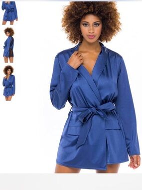 Oh La La Cheri Silky Blue Wrap Robe with Self-Tie Belt
